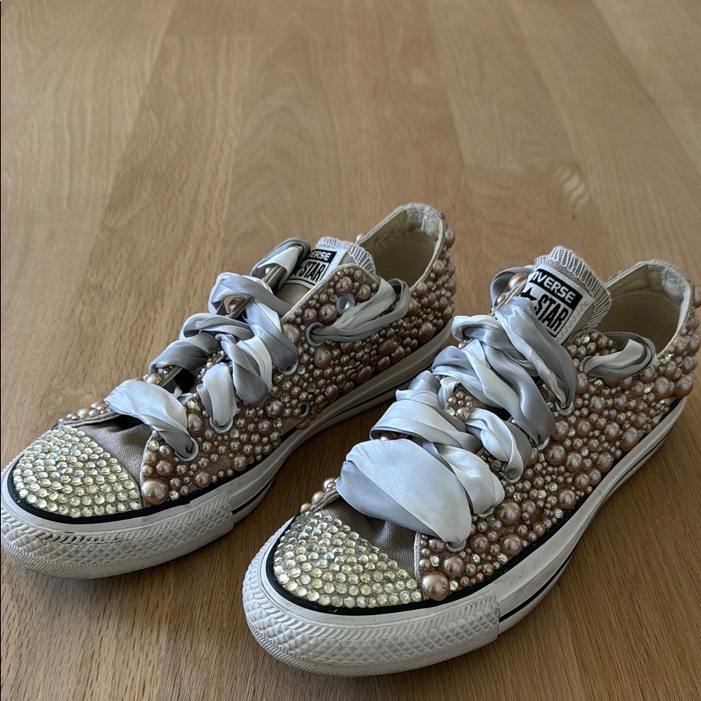 Converse Silver and Cream Rhinestone Sneakers